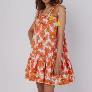 MODA POSA Tonia Tie Spaghetti Strap Sundress Ruffle Pom Pom Trim in Poppy